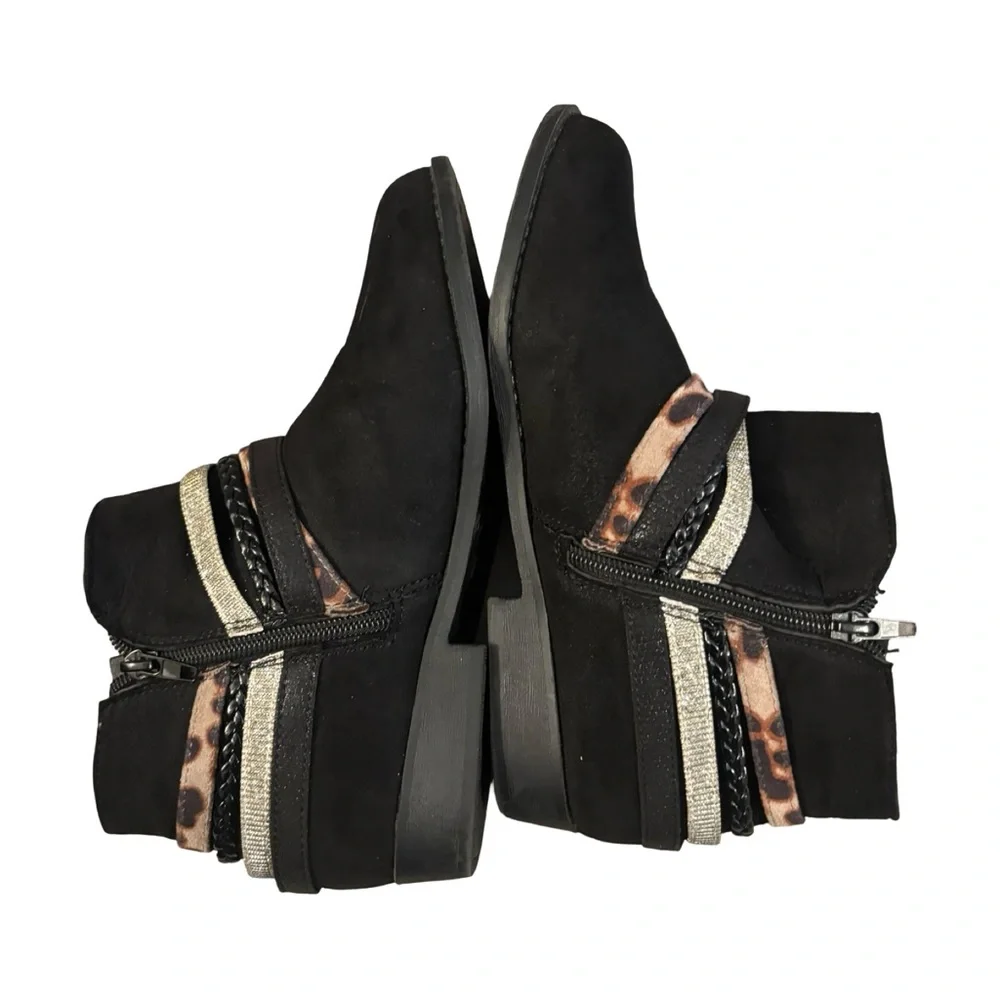 Annie Black Suede-Look Girls' Ankle Boots with Bow and Accent Straps Size 5
